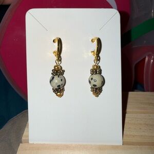 Elegant Gold tone and Dalmatian Stone Dangle Earrings